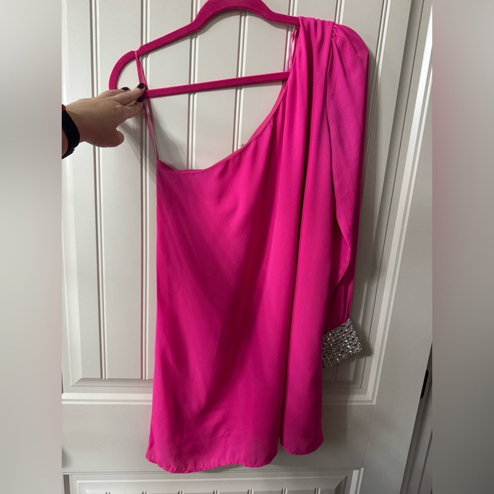 DEPRI 💎 Pretty In Hot Pink One-Shoulder Mini Dress, Diamond Cuff (Women’s Large) - Picture 3 of 10